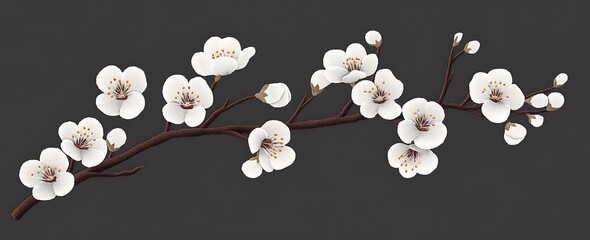 White apricot blossoms, an embroidery pattern design for a t-shirt with a dark gray background color