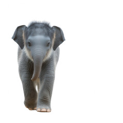 A young elephant walking towards the viewer, showcasing its playful nature. The background is white, emphasizing the elephant's features and gentle demeanor.