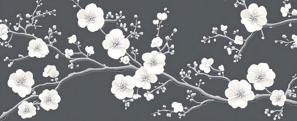 White apricot blossoms, an embroidery pattern design for a t-shirt with a dark gray background color