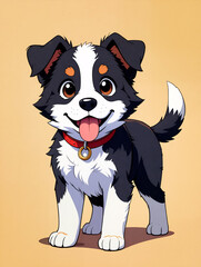 A lively black and white cartoon puppy with bright eyes stands proudly, showcasing its playful nature and friendly demeanor against a plain backdrop. flat pet illustration. Generative AI.