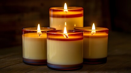 Group of lit candles in glass containers.