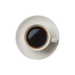 Aerial view of a black coffee cup on a white saucer, perfect for showcasing morning routines or cafe settings against a clean white background.