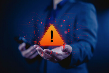 System hacked warning alert alarm on laptop. Notification virus of hackercrime, Businessman show...