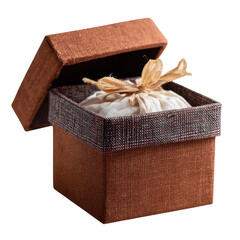 An elegant brown gift box with a textured exterior, partially open to reveal a delicate white fabric pouch inside, perfect for special occasions and celebrations.