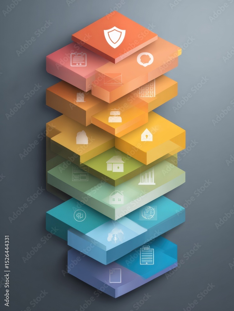 Poster Data Privacy Strategies Illustrated Through Layered Protection Blocks and User Icons in Security Colors