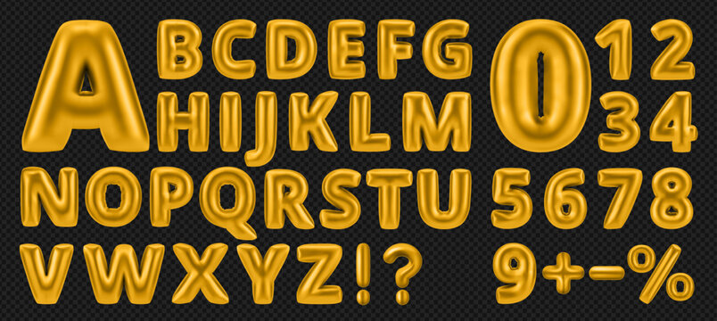 Gold y2k bubble font, balloon letter and english alphabet in playful style. Golden metal text effect for business. 3d inflated font and number for school kids, birthday party banner and social media.