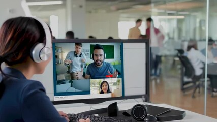 businesswoman participating in a group video call with diverse colleagues, conducting a virtual meeting in a modern office setup - Powered by Adobe