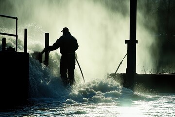 Obraz premium Silhouette of Worker at Water Treatment Plant with Misty Background
