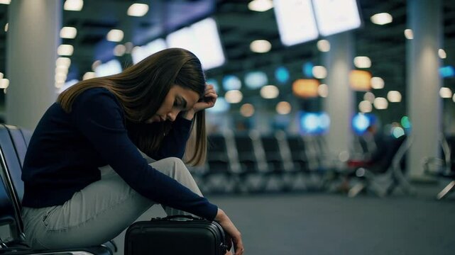 Young businesswoman sitting with her carry on luggage in airport lounge, looking sad and tired with her hand on her head, waiting for a delayed flight