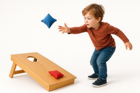 Child playing cornhole game throwing bean bag on white background