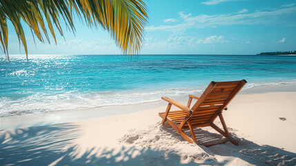 A wooden beach chair placed on a coast line at a beach with ocean in the background 

