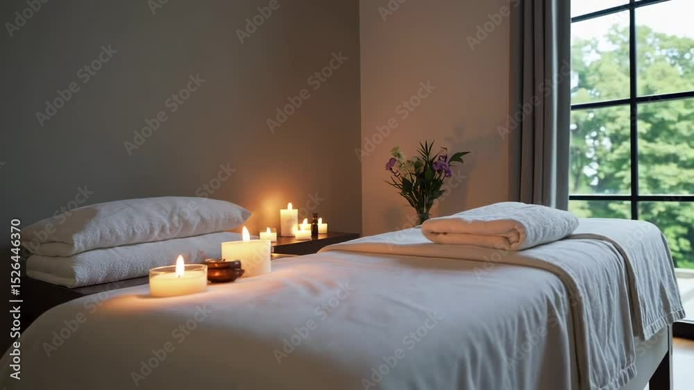 Aufkleber warm candlelight illuminates a massage table draped in fresh linens, adorned with towels and aromath