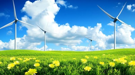 Wind turbines stand tall over a vibrant green meadow filled with yellow flowers under a bright blue sky.