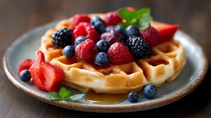 Freshly Made Waffle Topped with Berries and Syrup