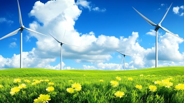 Wind turbines stand tall over a vibrant green meadow filled with yellow flowers under a bright blue sky. - Powered by Adobe