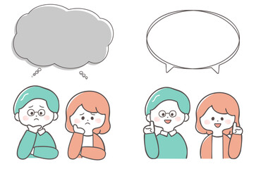 悩んでいる時と解決した時の中年男女のイラストセット