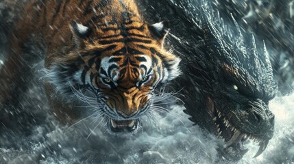 A tiger fighting a dragon, in a fierce battle amidst a stormy landscape, background wallpaper AI generated image