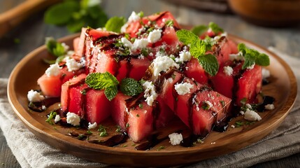 Watermelon Salad with Feta Cheese, Mint, and Balsamic Drizzle