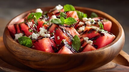 Watermelon Salad with Feta, Mint, and Balsamic Drizzle in a Wooden Bowl