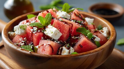 Watermelon Feta Salad with Mint and Balsamic Glaze in a Wooden Bowl