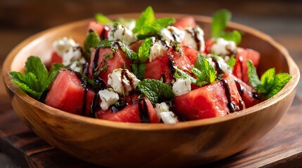 Watermelon Feta Salad with Mint and Balsamic Glaze in a Wooden Bowl
