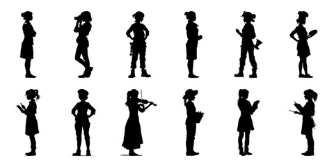 Silhouette Icon Set Of Diverse Female Figures In Various Occupations. Professional And Hobby Representation Solid Symbol Collection. Career And Lifestyle Visuals. Isolated Vector Illustration