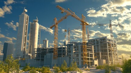 Obraz premium A building under construction, with cranes positioning the intricate concrete structure, background wallpaper AI generated image