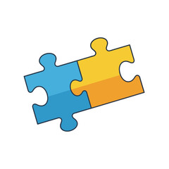 Obraz premium Two interlocking puzzle pieces, blue and yellow, on a transparent background; concept for teamwork, collaboration, and problem-solving solutions