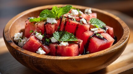 Fresh Watermelon Salad with Feta and Mint in a Wooden Bowl