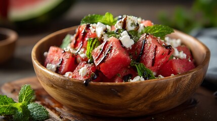 Watermelon Feta Salad with Mint and Balsamic Glaze in a Wooden Bowl