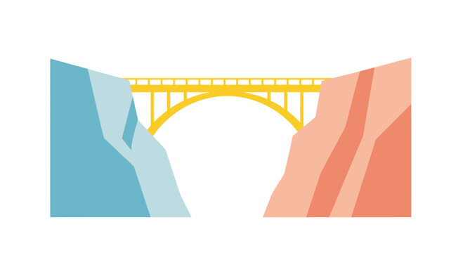 A yellow bridge spanning a gap between two pastel-colored cliffs, a minimalist landscape design concept for architecture or travel brochures