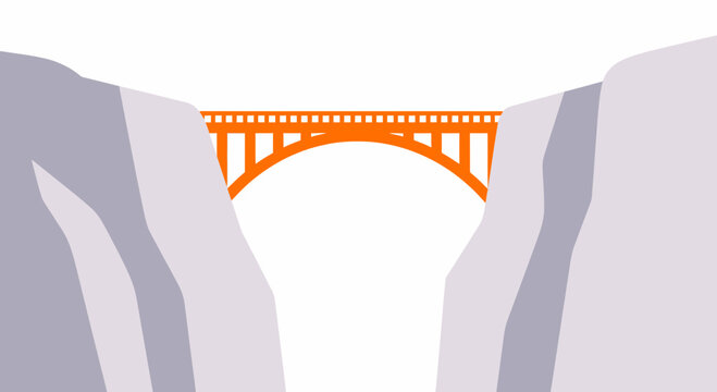 Orange bridge spanning a chasm between grey mountains, concept for architecture, construction, and engineering design