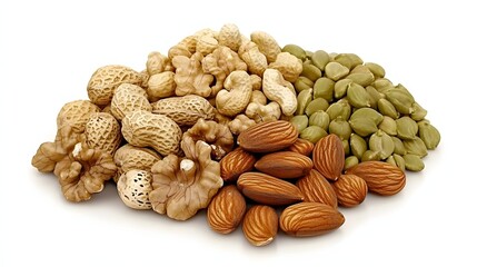 Obraz premium Assorted nuts and seeds on a white background.