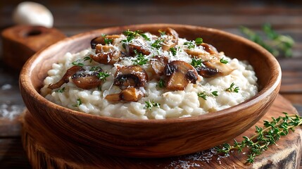 Creamy Mushroom Risotto in a Wooden Bowl Garnished with Herbs