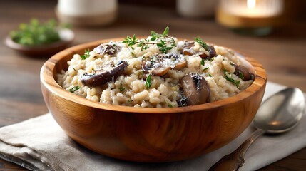 Creamy Mushroom Risotto Served in a Wooden Bowl