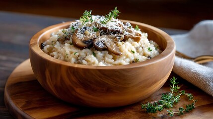 Creamy Mushroom Risotto Garnished with Thyme in a Wooden Bowl