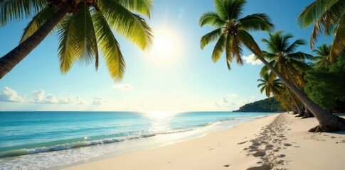 Obraz premium Sun-dappled sand, palm silhouettes cast long shadows on deserted Bahia beach , tranquil, coast