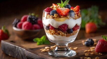 Fresh Yogurt Parfait with Granola and Berries in a Glass Bowl