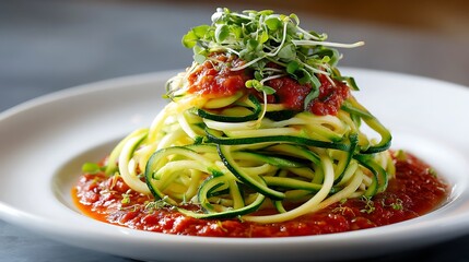Zucchini Noodles with Tomato Sauce and Microgreens