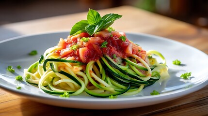 Zucchini Noodles with Tomato Sauce and Fresh Basil