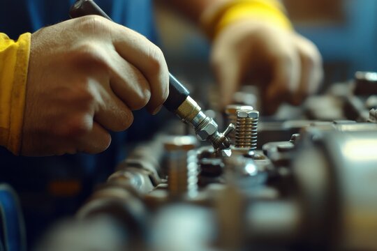 Skilled Worker Using Tool for Precision Assembly in Workshop Environment