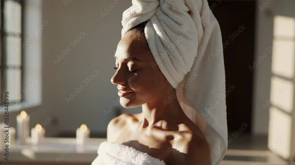 Poster beautiful young woman with towel on head is enjoying a moment of relaxation in a spa, with warm sunl