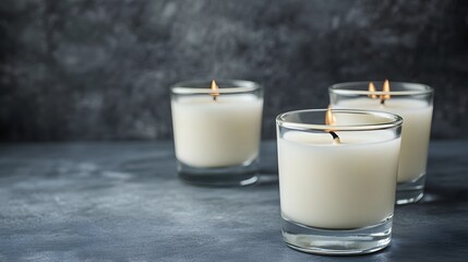 Three pillar candles burning on a dark surface.
