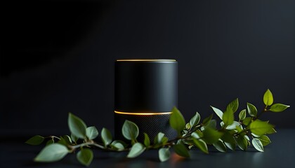 Sleek Black Speaker with Warm Glow and Greenery on Dark Surface