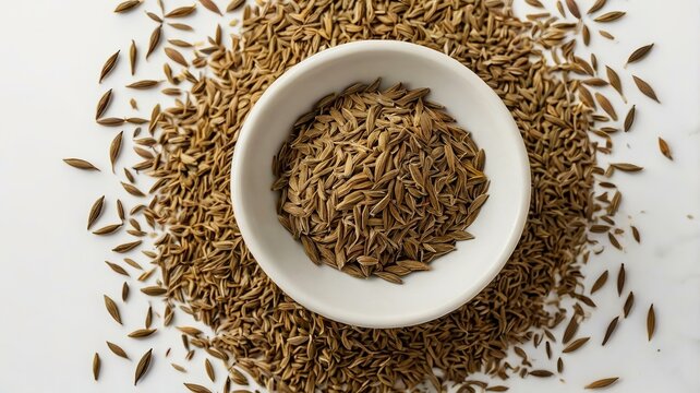 Flatlay of cumin seeds in small dish and scattered on white isolated background