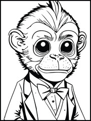 Monkey Gentleman: A detailed black and white drawing of a sophisticated monkey, dressed in formal attire, exuding charm and elegance.