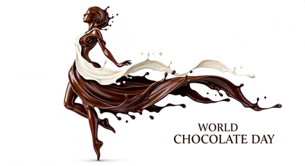 Beautiful Woman Silhouette with Flowing Skirt from Chocolate Splashes  with World Chocolate Day Text on Empty White Background 