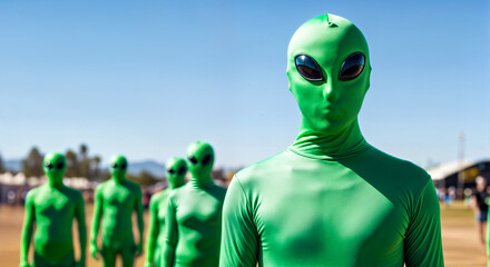 Ufo Day Festival Participants Fully Dressed In Tight Costumes of Green Aliens with Their Faces Covered with Alien  Masks with oval Eyes 