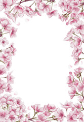 Cherry blossom frame. Sakura blossom. Small pink flowers. Petals and branches. Spring festival. Watercolor illustration without background. Hand drawing.
