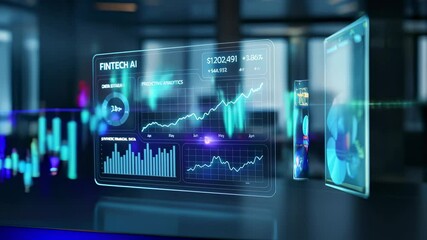 Holographic fintech AI dashboard with glowing charts and predictive analytics in modern office. Concept of artificial intelligence in finance, real-time data visualization, and digital trading interfa - Powered by Adobe